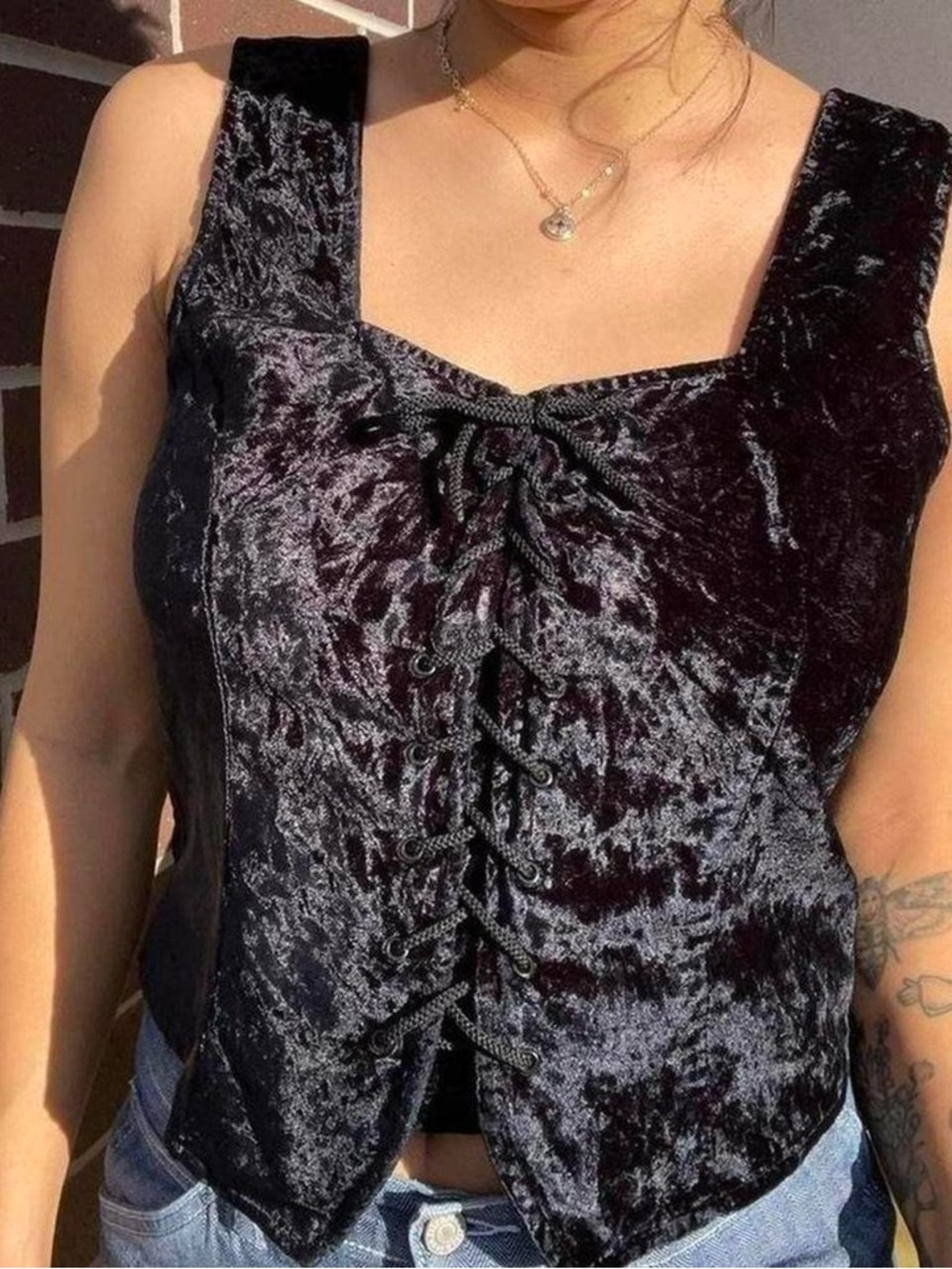 90s Morbid Threads Black Crushed Velvet Lace-Up Corset Top Womens Medium